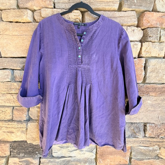 Gudrun Sjogden M Purple Linen Blend Pleated Henley Popover Women's Tunic Top - Picture 2 of 12